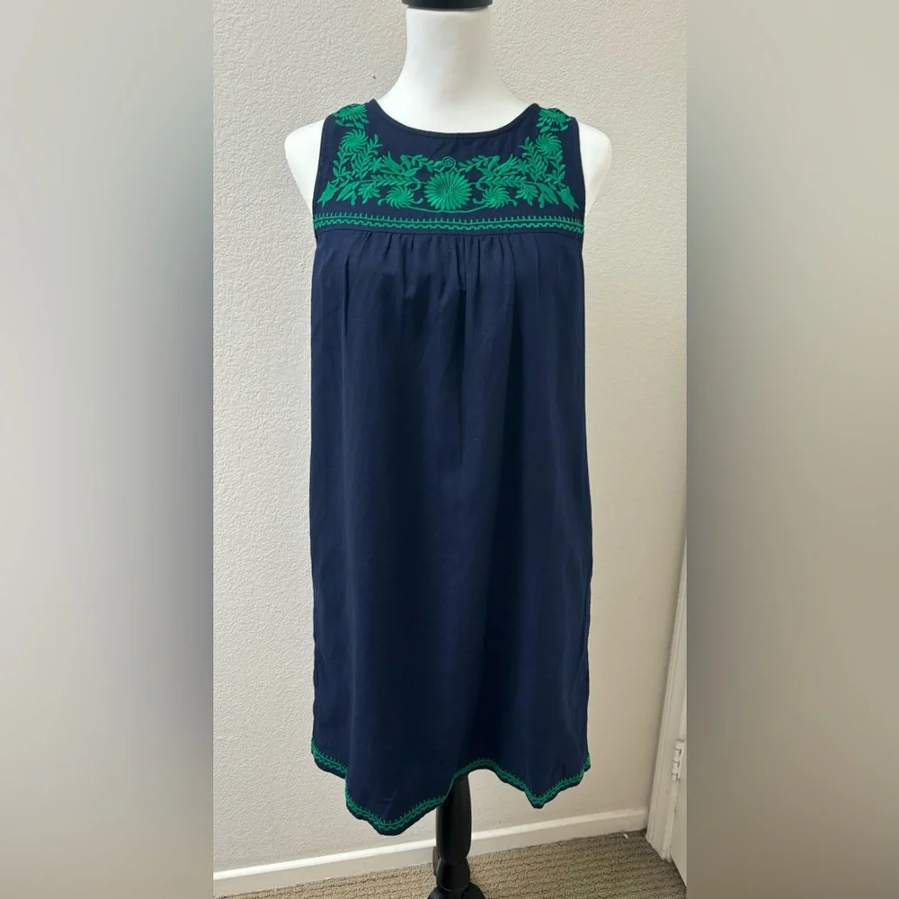 J Crew linen embroidered shift‎ dress, navy and green, with pockets XS, bohemian